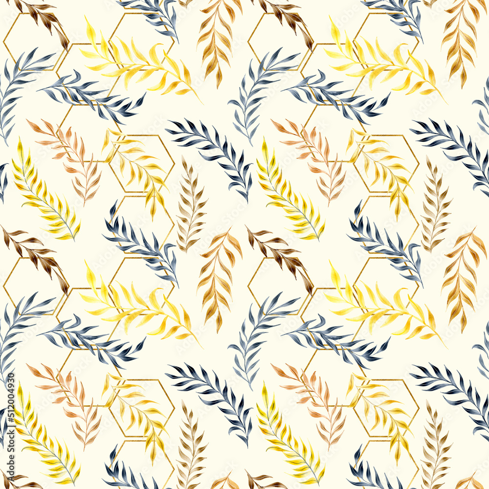 Fototapeta premium Watercolor seamless background honeycomb with branches