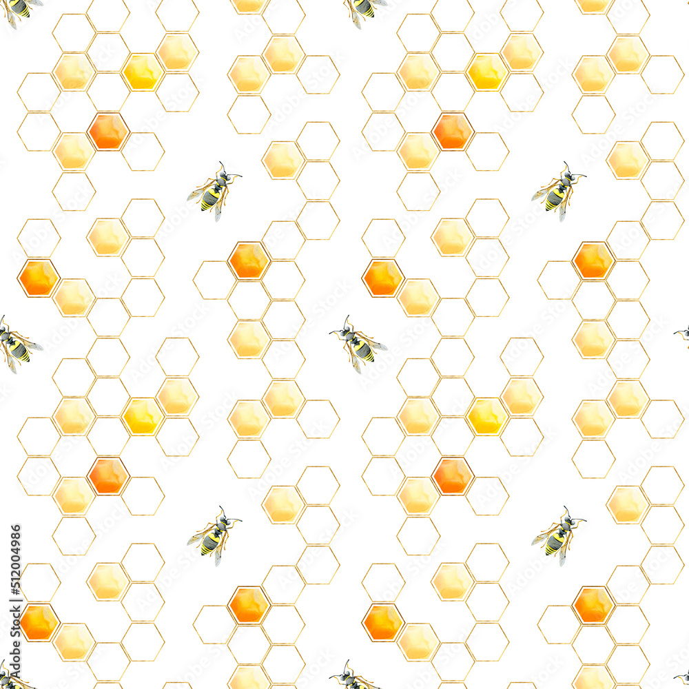 Watercolor seamless white background with bees and gold honeycomb Watercolor seamless white background with bees and gold honeycomb