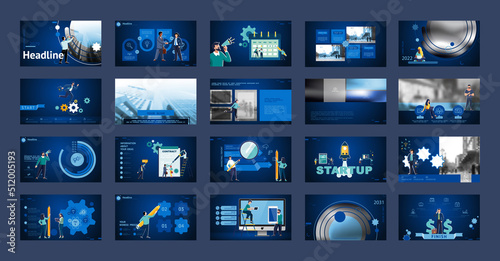 Business presentation, powerpoint, launch of a new business project. Infographic design template, blue elements, blue background, set. A team of people creates a business, teamwork. Mobile app, web
