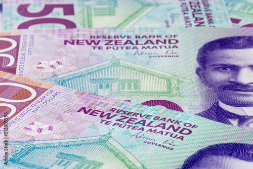 Close-up view of New Zealand banknotes.