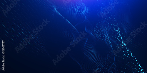 blue technology particle background design. wave line flowing green and blue color isolated on black background for design elements.
