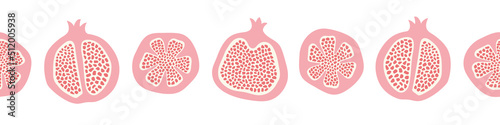 Pomegranate pattern border background. Seamless repeat banner fo healthy hand drawn fruit. 