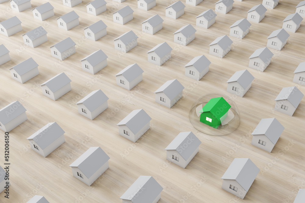 Rows of white houses on wooden background with one protected green house under glass cover. Housing insurance concept. 3D Rendering.