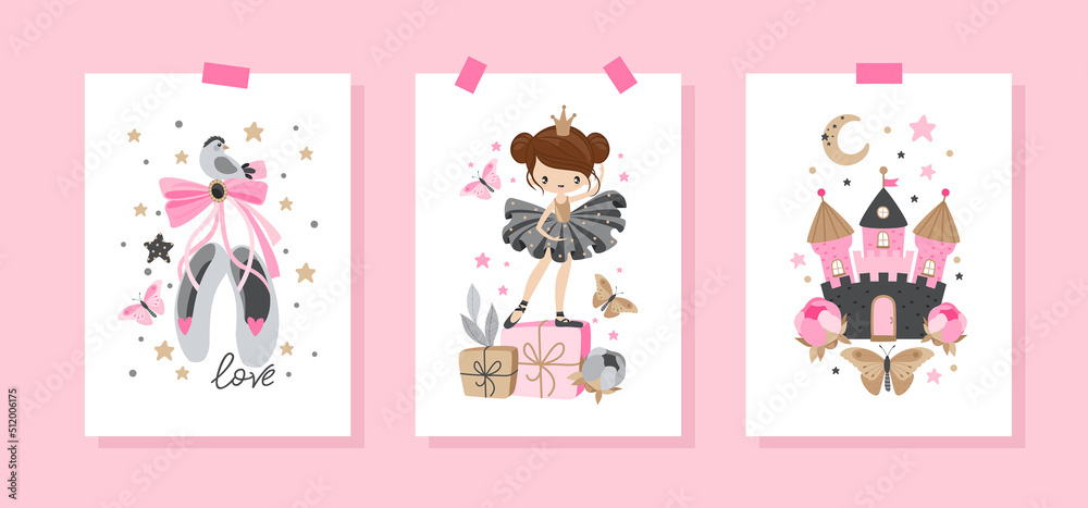 Set postcards. Cute ballerina on the background of stars, clouds and hearts. Vector illustration in a simple style.
