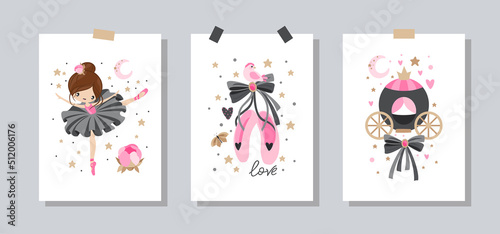 Set postcards. Cute ballerina on the background of stars, clouds and hearts. Vector illustration in a simple style.