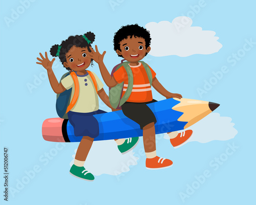 Happy little African school kids boy and girl with backpack holding books riding flying pencil go to school