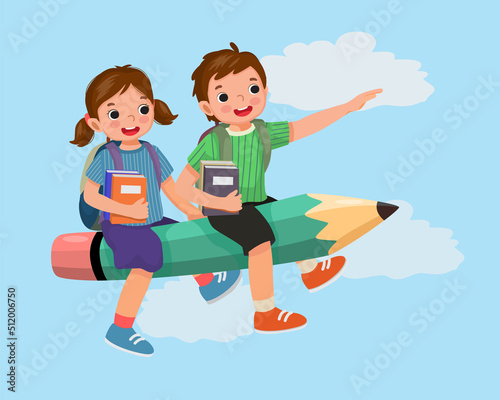 Happy little school kids boy and girl with backpack holding books riding flying pencil go to school