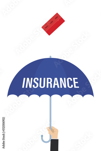 Helping hand is holding large protective umbrella. Insurance in case of emergencies, diseases. Large brick falls from sky onto an umbrella. Full insurance coverage.