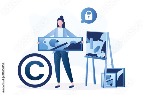 Female artist holds artworks. Intellectual property. Creative woman near easel. Copyright reserved or product trademark that cannot copy. Patent and licenses protect artistic paintings.
