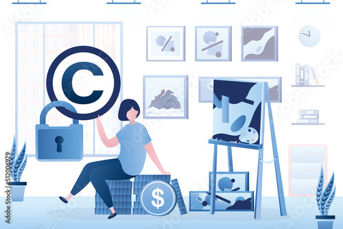 Female artist sitting on coins and show copyright sign. Royalties for copying or using art works. Intellectual property. Making money painting pictures. Art studio interior with tools