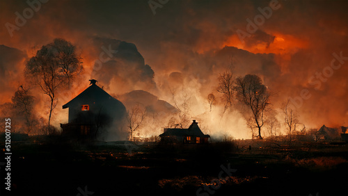 Tablou canvas Small farm house with wildfires, fire ignited by drought  destroying wild life a