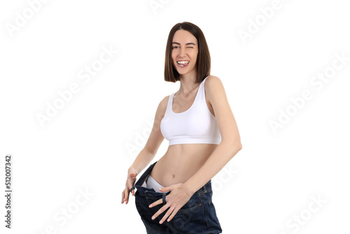 Concept of weight loss with slim young woman isolated on white background