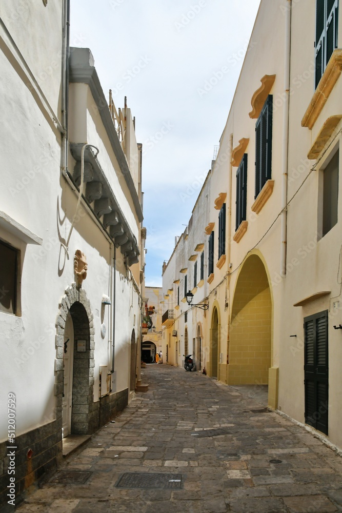 A narrow street between the old houses of Gallipoli, an old village in the province of Lecce in Italy.