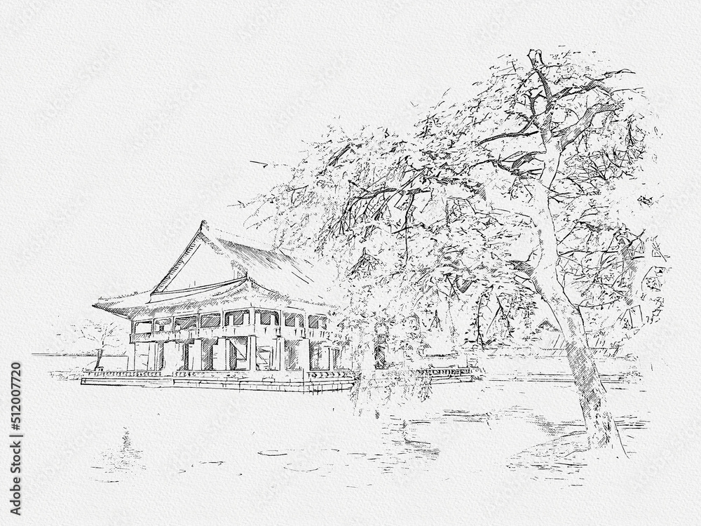 cultural heritage 
royal palace Seoul south Korea K-pop BTS performed place cherry blossom sketch 
