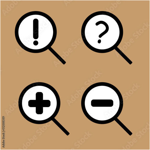 Set of search tool icon,  zoom in and out icon, and searching result icon vector illustration