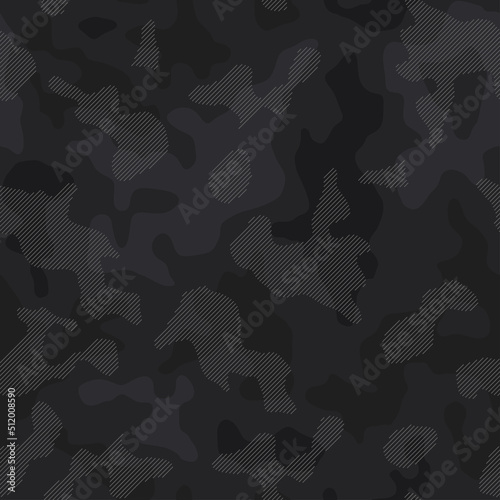 Black camouflage pattern, seamless vector background. Urban military clothing style, masking dark camo, repeat print, fabric print. Monochrome texture