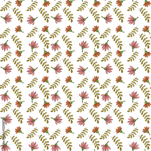 Seamless watercolor pattern with Flowers and Branches on White background. Hand drawn illustration for Wrapping paper, Fabrics, Textile and Design. © Natalia Tylik