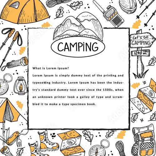 Banner with elements of camping life on a white background. Hiking. Tourism. Camping emblem with mountains. Tents, compass, map, etc. There is a revenge for the text. Hand-drawn elements in flat style