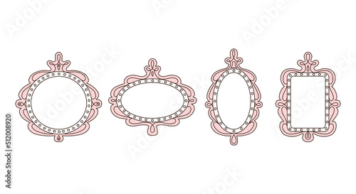 Princess frame. Royal mirror frame and majestic prince doodle border. Cute crown border. Outline vector illustration.