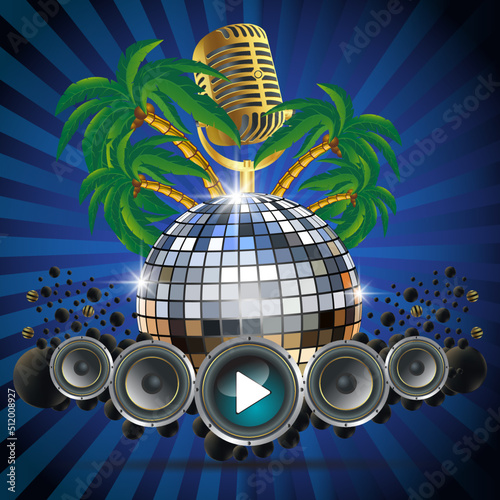Summer party music background with disco ball, speaker, palm tree vector illustration