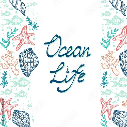 Banner with silhouettes of sea creatures on white background. A great design for advertising eco-friendly ocean products. Shells, fish, starfish and seaweed. Hand-drawn elements in a flat style.