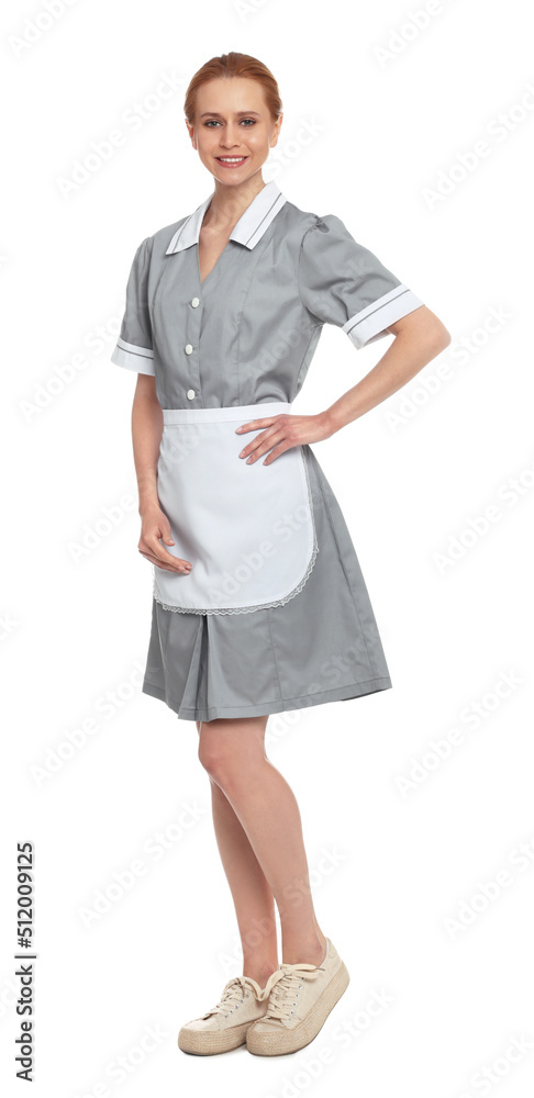Full length portrait of chambermaid in tidy uniform on white background Full length portrait of chambermaid in tidy uniform on white background