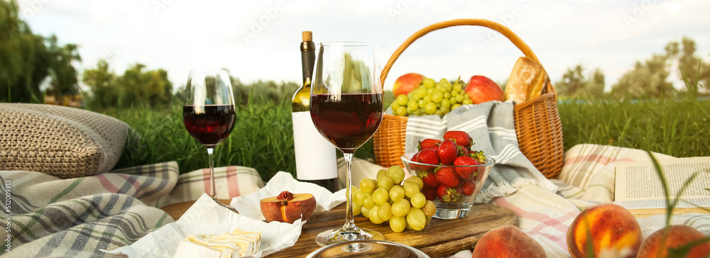Picnic blanket with delicious food and wine on green grass. Banner design
