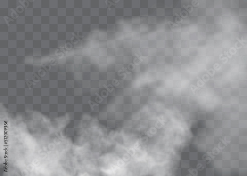 Mgła lub dym na białym tle przezroczysty efekt specjalny. Białe tło zachmurzenie, mgła lub smog. Ilustracji wektorowych
