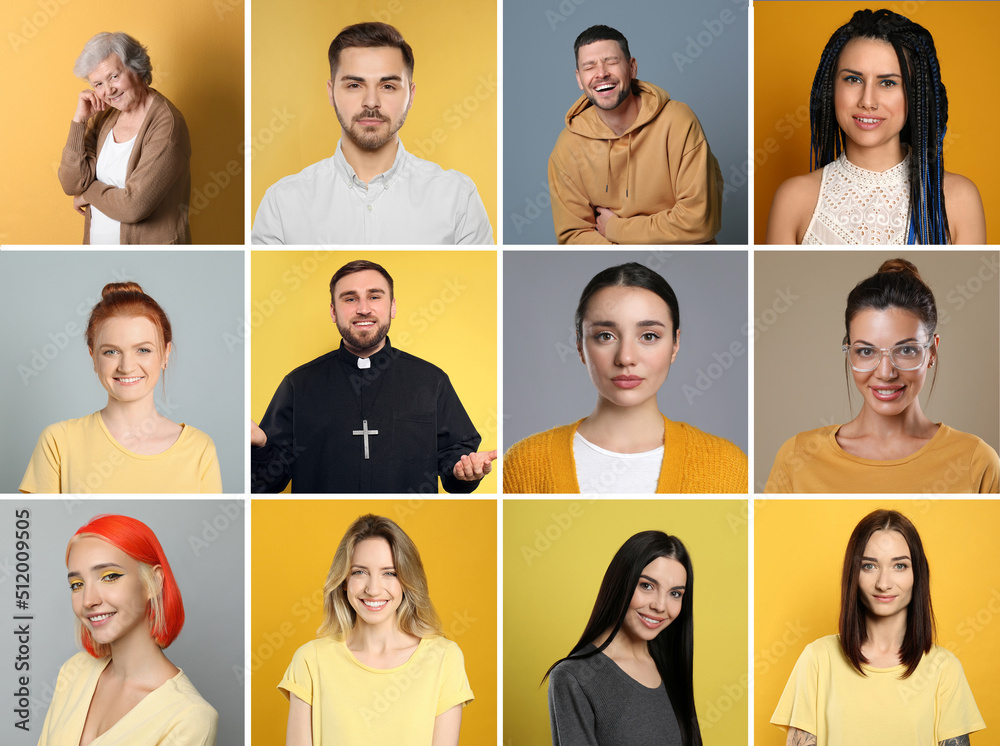 Collage with photos of attractive people on different color backgrounds ...