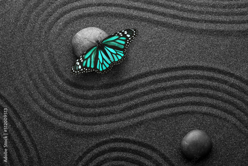 Beautiful butterfly and stones on black sand with pattern, flat lay. Zen concept