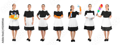 Collage with photos of chambermaid in uniform on white background. Banner design photo