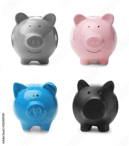 Set with different piggy banks on white background. Money saving