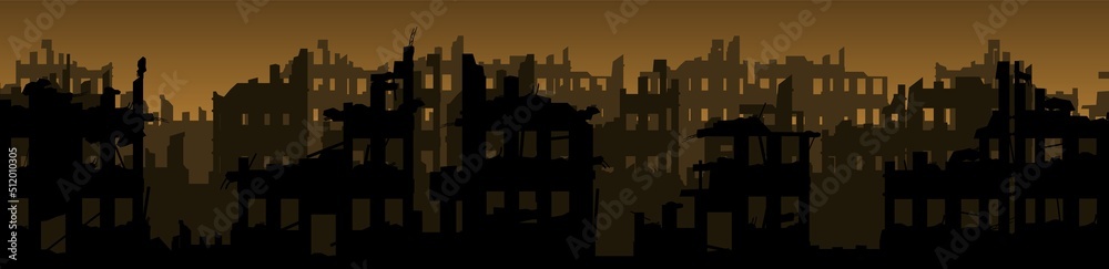 Bombed street. Ruined city. Grim picture of death. Apocalypse natural or war. Sad landscape of destruction. Vector