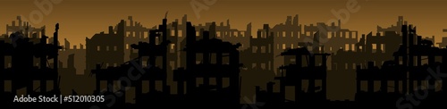 Bombed street. Ruined city. Grim picture of death. Apocalypse natural or war. Sad landscape of destruction. Vector