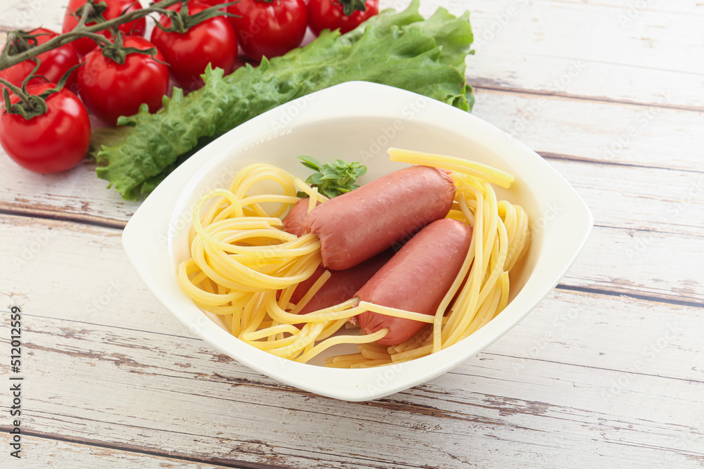 Mini sausages with pasta spaghetti Mini sausages with pasta spaghetti