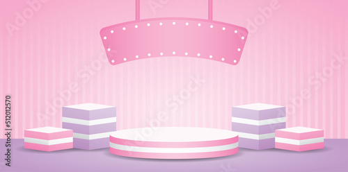 cute trendy striped podium display set with lightbulb hanging sign on sweet pastel pink wall and purple floor 3d illustration vector for putting beauty and cosmetic product
