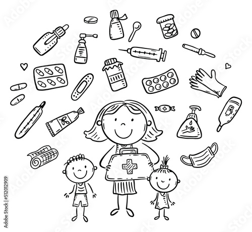Black and white clipart set of first aid kit