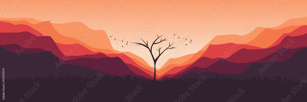 dead tree silhouette in mountain landscape flat design vector illustration good for wallpaper, background, backdrop, banner, web, and design template - obrazy, fototapety, plakaty 