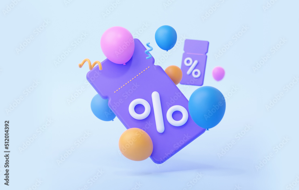Purple promo code with a percentage sign and balls. 3d rendering. The