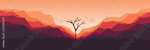 Obraz na plátne dead tree silhouette in mountain landscape flat design vector illustration good