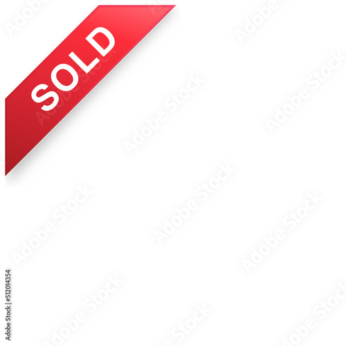 Vector illustration of sold label. Suitable for design element of sold out ribbon mark. Realistic red ribbon in the corner of the blank page.