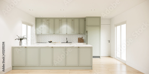 3d rendering modern mock up kitchen room interior design and decoration with light green built in counter and cabinet wooden parquet floor and sunlight from window.