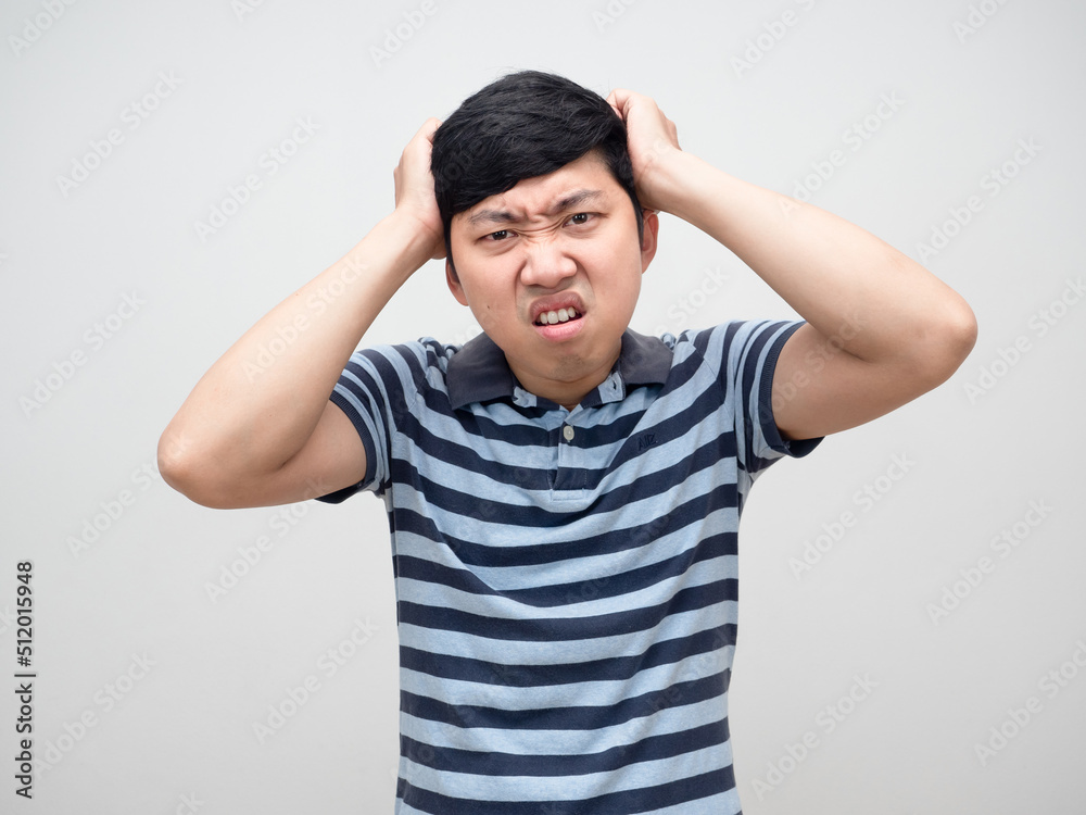 Young man striped feels headache,Dizziness man Young man striped feels headache,Dizziness man