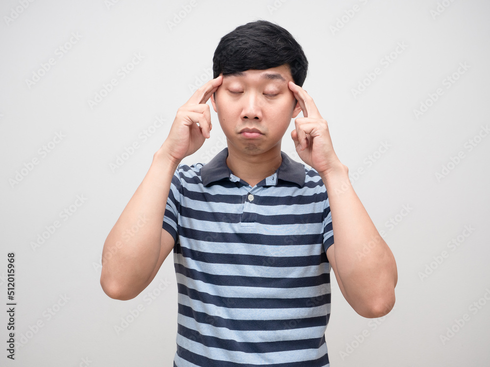 Man striped shirt feels dizziness isolated,Man headache from working Man striped shirt feels dizziness isolated,Man headache from working