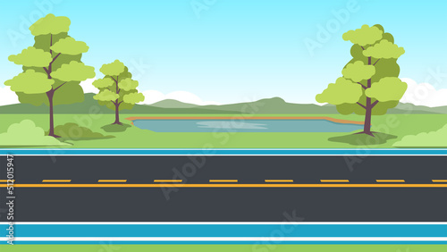 Horizontal view of Asphalt road. with bike lense. Background of trees and green grass with puddle and mountain. Under the blue sky.