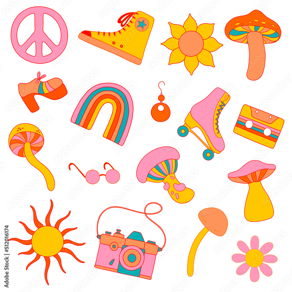 Retro groovy elements, 1970 vibe, cute hippy stickers: сassette, earring, magic mushrooms, shoes, sunglasses, rollers, camera, gumshoes, sun, daisy, pacific sign, rainbow, sunflower. Retro groovy elements, 1970 vibe, cute hippy stickers: сassette, earring, magic mushrooms, shoes, sunglasses, rollers, camera, gumshoes, sun, daisy, pacific sign, rainbow, sunflower.
