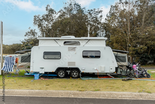 RV caravan camper on a camping site at holiday caravan park