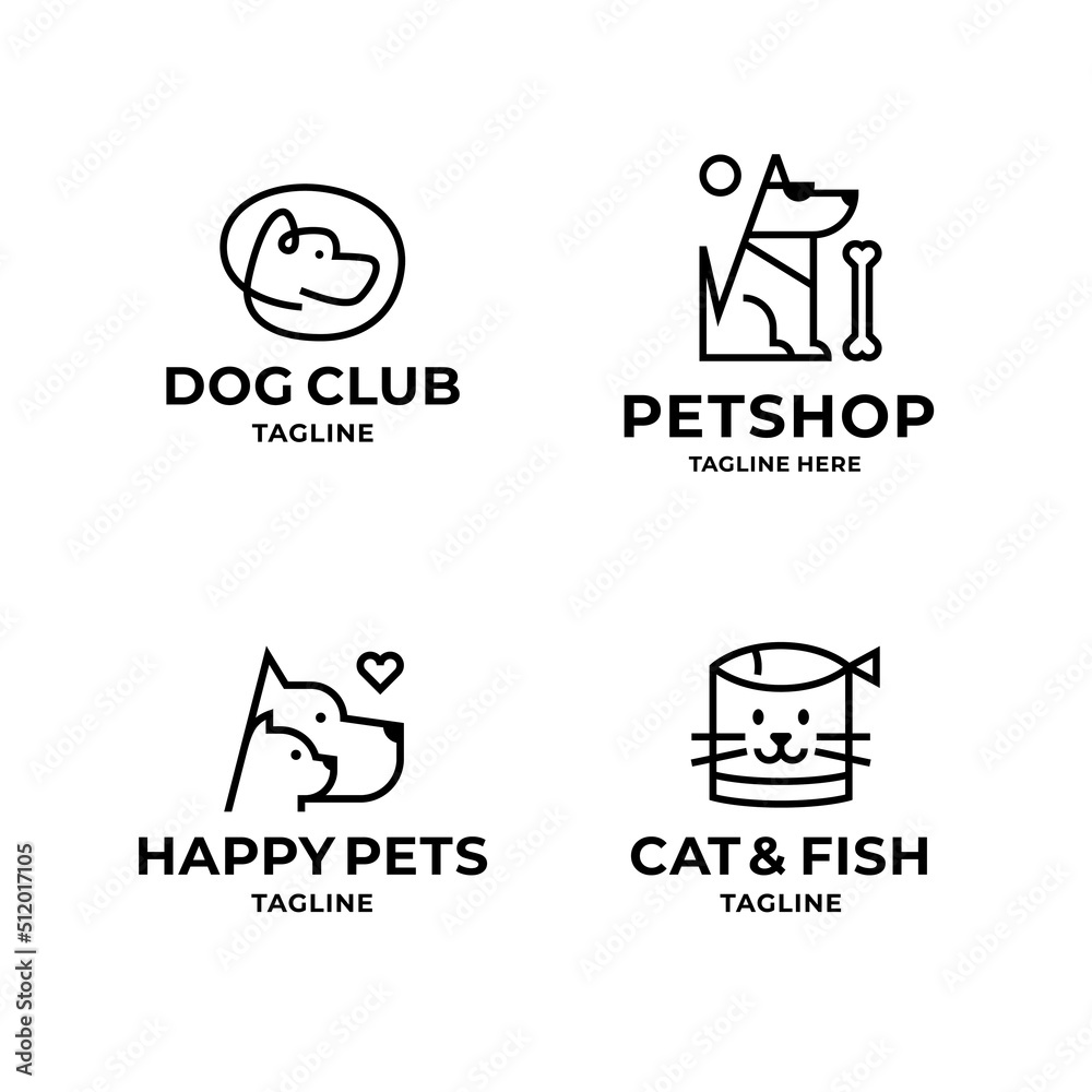 Pet logo design template set in line minimal style with dog, cat, fish Pet logo design template set in line minimal style with dog, cat, fish