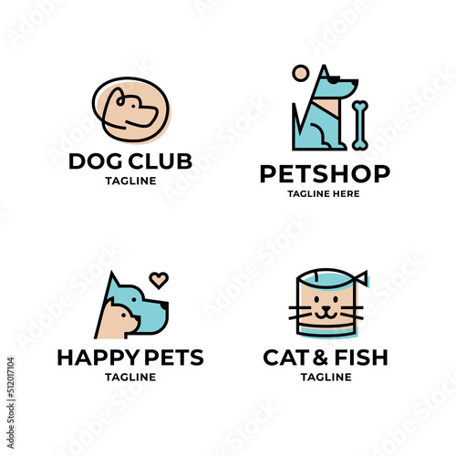 Pet logo design template set in line minimal style with dog, cat, fish