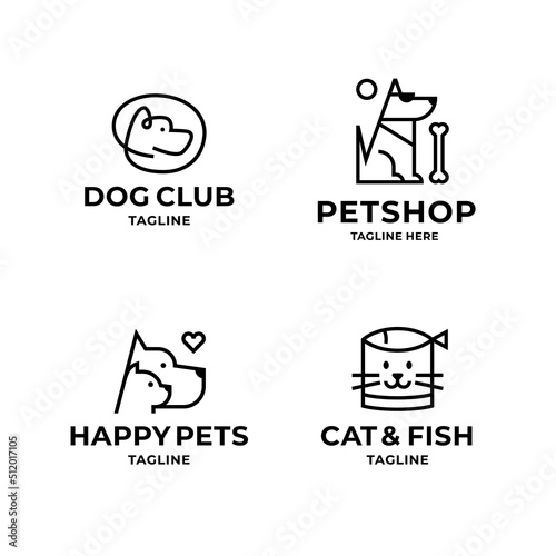 Pet logo design template set in line minimal style with dog, cat, fish